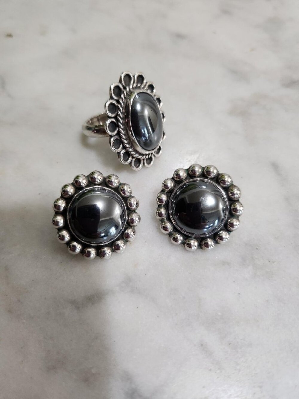 Taxco Hematite bubble sterling earrings and ring